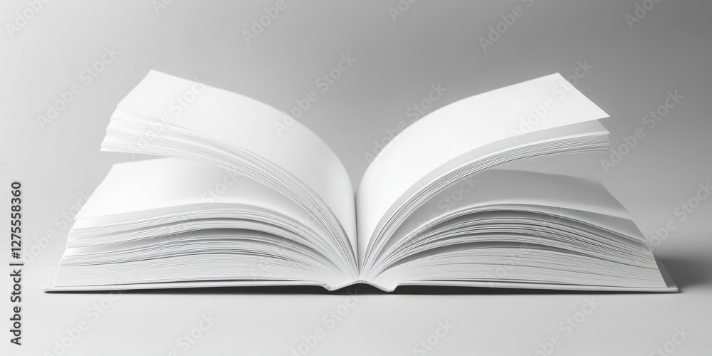 Aufkleber blank open book showcasing white pages on a light grey background with pages fanned out, positioned 