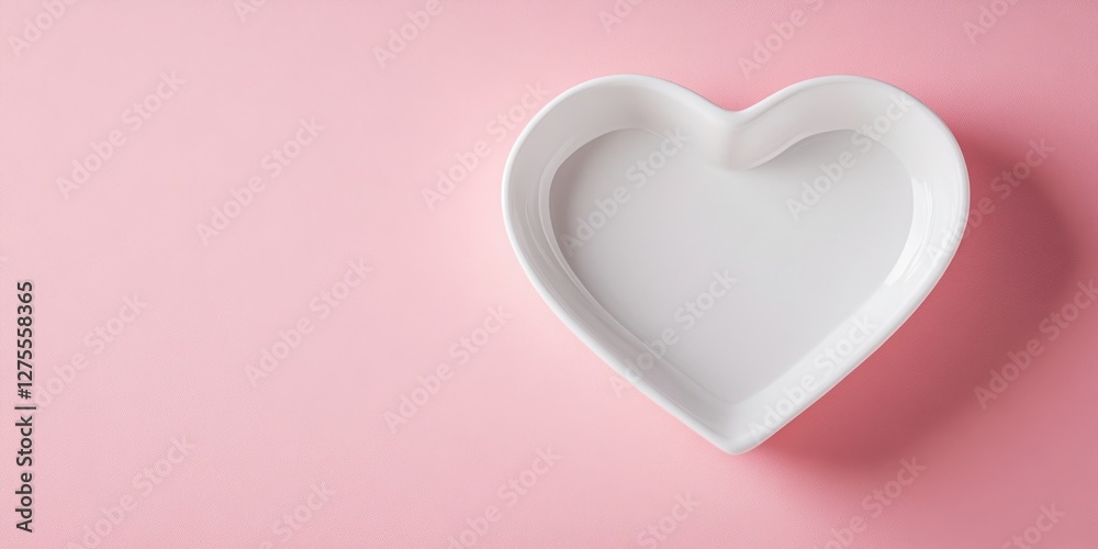 Aufkleber heart-shaped white dish on pink backdrop isolated with ample copy space for text ideal for showcasin