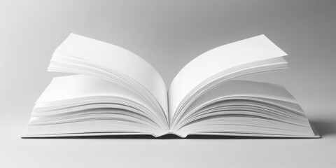 Fototapeta premium Blank open book showcasing white pages on a light grey background with pages fanned out, positioned horizontally for a minimalist aesthetic.