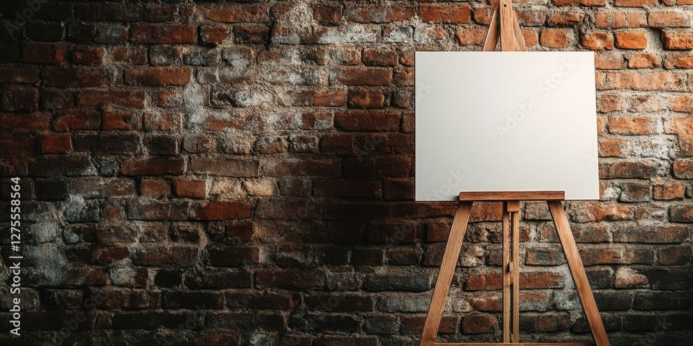 Poster wooden easel with blank canvas against a textured brick wall in warm tones positioned left with ampl