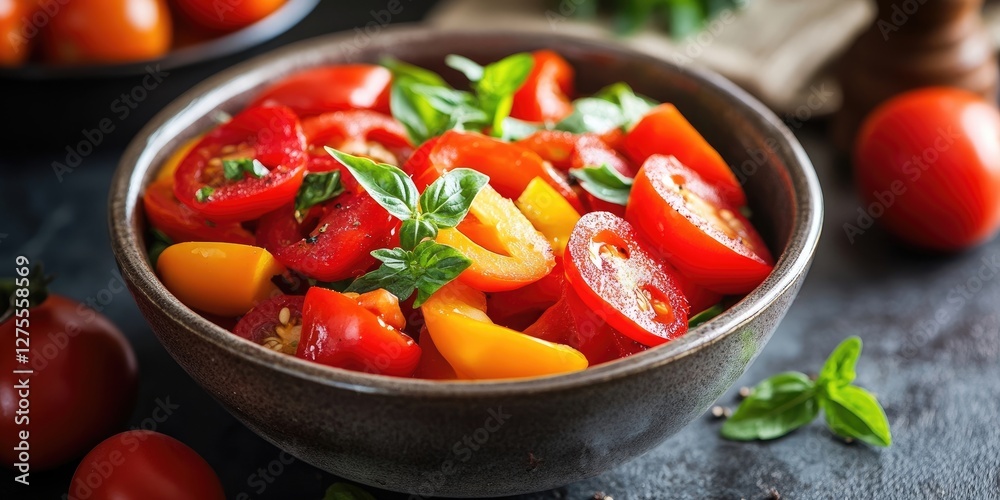 Poster vibrant bowl of sliced red and yellow tomatoes garnished with fresh basil on a dark textured surface