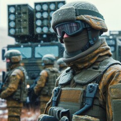 Troops clad in frost-covered uniforms stand ready, their breath visible in the cold air as they gather near armored vehicles, showcasing disciplined focus for an impending operation