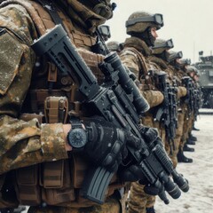 A group of soldiers clad in winter gear stands in precise formation on a snowy ground, rifles in hand, showcasing a display of discipline. The cold atmosphere underscores their readiness for action