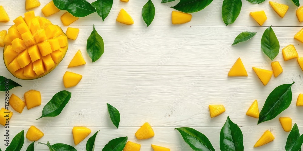 Aufkleber fresh ripe mango cubes arranged artistically on a light wooden surface surrounded by green leaves cr