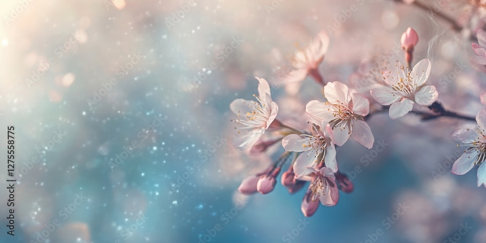 Poster delicate close-up of cherry blossoms on a sakura tree with soft pink petals on the left side and amp