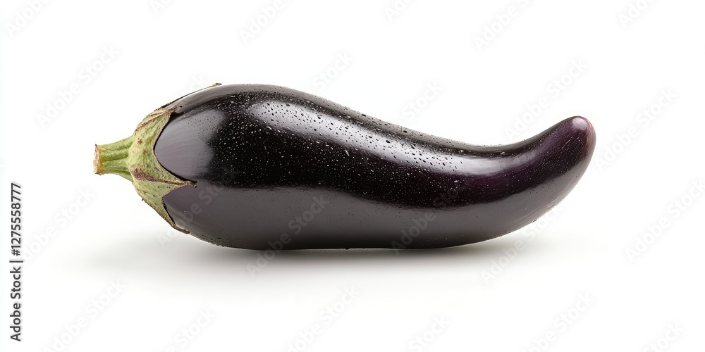 Poster fresh glossy purple eggplant on a white background, positioned horizontally with the tapered end fac