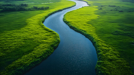 Serene winding river flows through lush green fields in a tranquil landscape