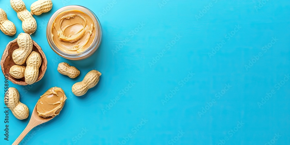 Poster peanut butter in a jar with a wooden spoon and scattered peanuts on a bright turquoise background cr