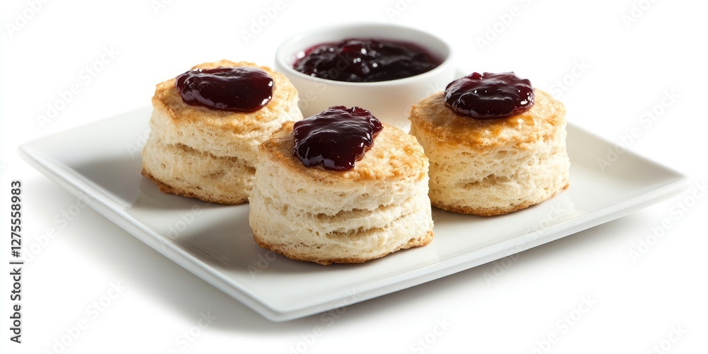 Poster delicious scones topped with berry jam served on a square white plate with a small bowl of jam in th