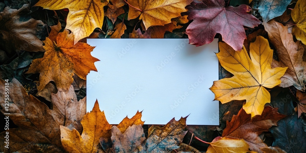 Poster autumn leaves in vibrant hues of orange yellow and brown frame a blank white sheet of paper centered