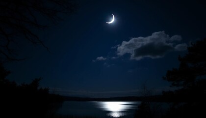 A crescent moon shines brightly over a dark lake, softly reflecting on the water's surface, creating a tranquil scene ideal for nighttime photography or relaxation themes.