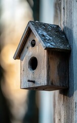 A charming wooden birdhouse gracefully hanging on a rustic wall, adding a touch of nature to the decor.