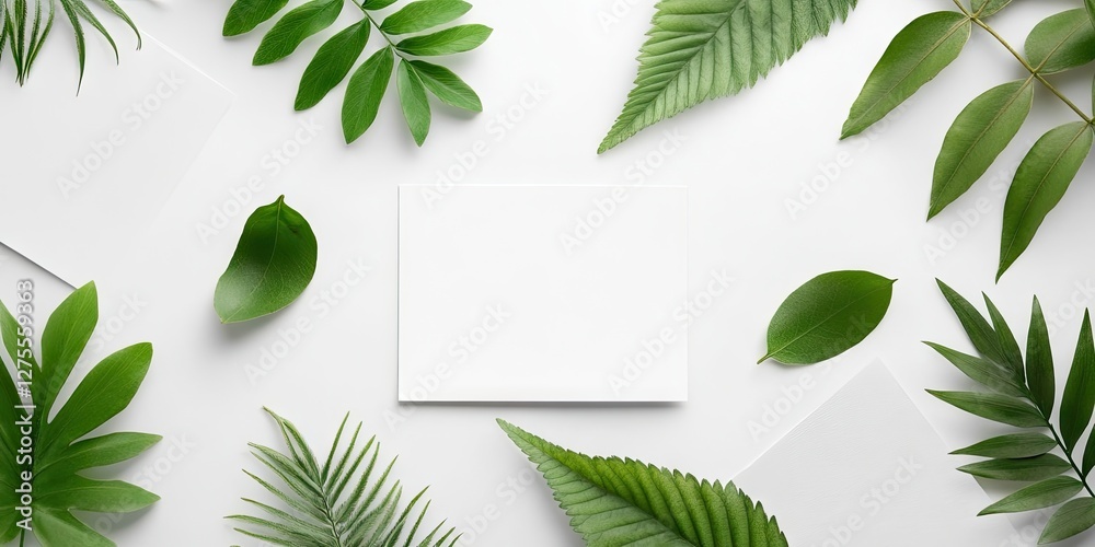 Poster minimalist flat lay of green leaves and white paper on a bright background featuring various leaf si