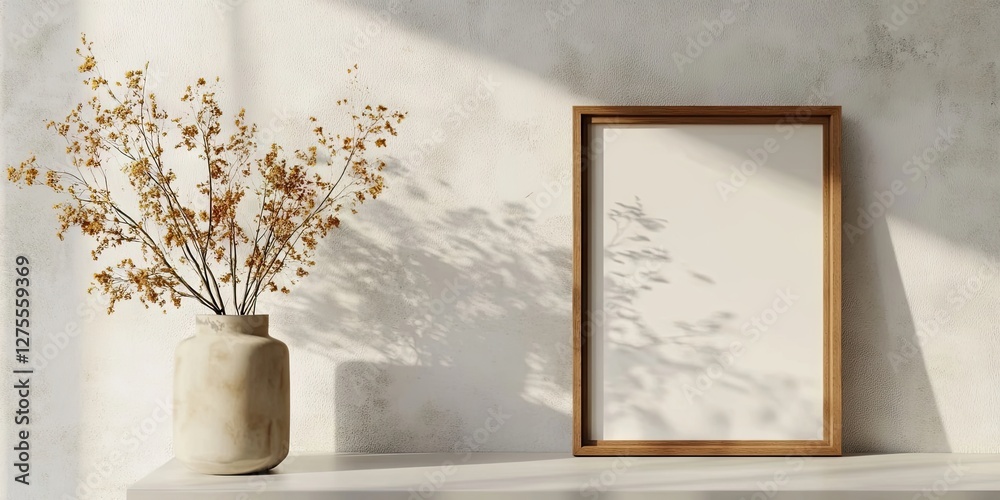 Leinwandbilder a close up view of a minimalist design presentation featuring a wooden frame and dried flowers in a 