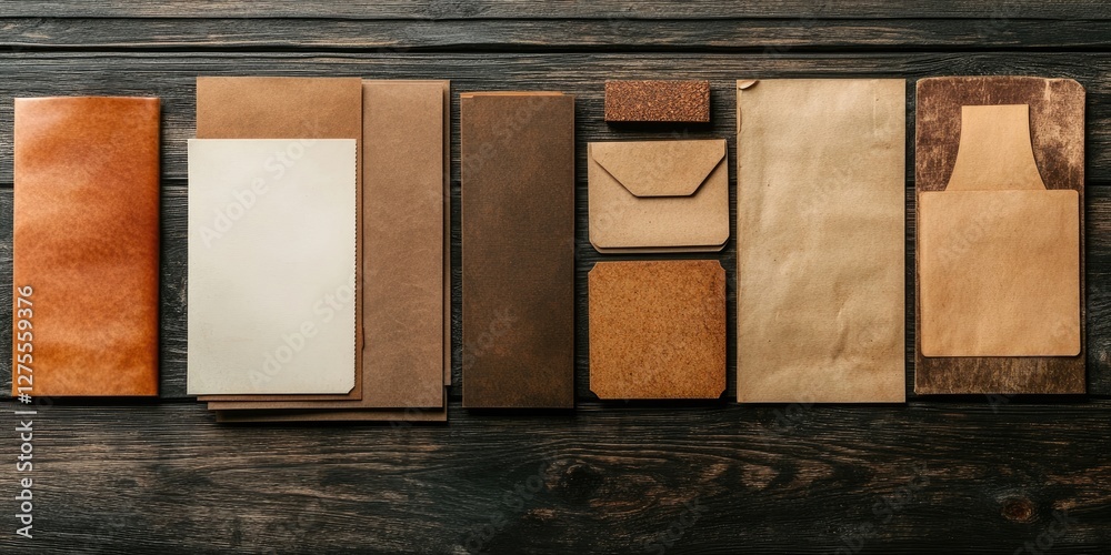 Aufkleber vintage stationery collection featuring brown and beige paper on a dark wooden backdrop arranged in 
