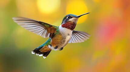 Fototapeta premium Colorful hummingbird in flight, vibrant autumn bokeh background. Possible use Nature photography stock image