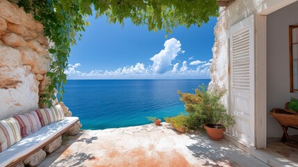 Fototapeta premium Breathtaking coastal retreat overlooking tranquil azure waters and puffy clouds on a bright sunny day. Generative AI