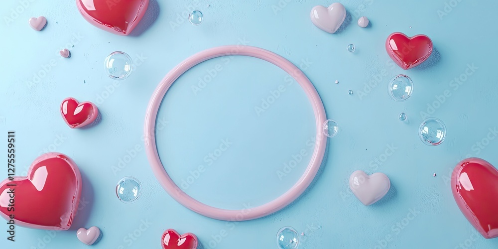 Poster Cheerful Valentine's Day scene featuring pink bubbles and hearts on a light blue background with an empty circular space for text in the center