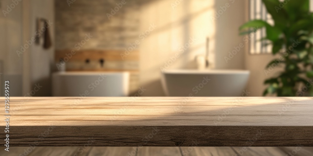 Poster Wooden table surface in sharp focus with blurred bathroom scene featuring light tones and greenery in the background creating a serene ambiance.