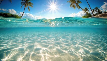 Tropical beach, sun, underwater view, palm trees