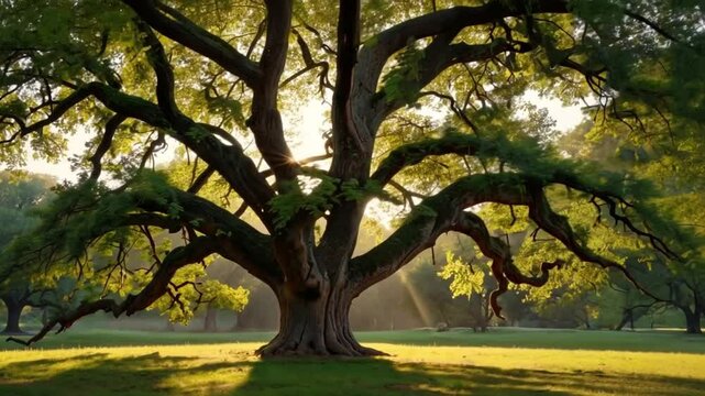 Majestic oak tree, sun rays, park, peaceful morning, nature background, website header
