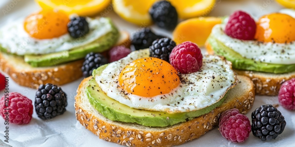 Poster Vibrant avocado and egg toast on whole grain bread topped with fresh raspberries and blackberries placed on a light background with citrus slices.