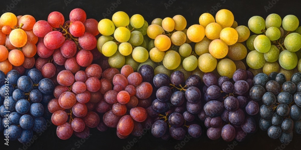Poster colorful display of assorted grapes arranged in an intricate row showcasing red green yellow purple 