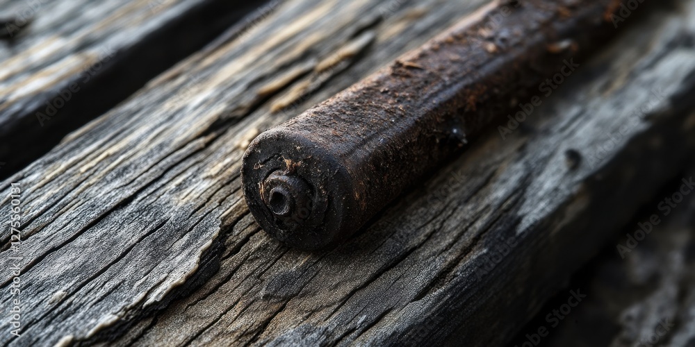 Poster decayed metal nail on textured weathered wooden surface highlighting rust and deterioration in shade