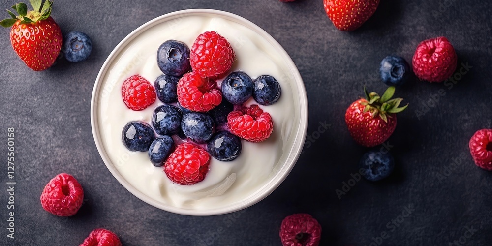 Poster aerial view of a bowl of greek yogurt topped with vibrant red raspberries and blueberries surrounded