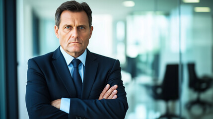 Obraz premium A senior businessman in a suit standing with arms crossed, looking deeply concerned in a modern office. His serious expression reflects financial struggles, corporate crisis, and t