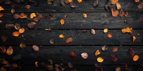 Naklejka premium Autumn leaves in vibrant orange yellow and brown scattered across a dark weathered wooden surface with visible knots and aged textures