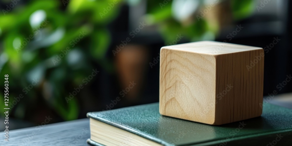Aufkleber Wooden cube resting on a green notebook surrounded by blurred greenery in the background highlighting the cube's simplicity and texture