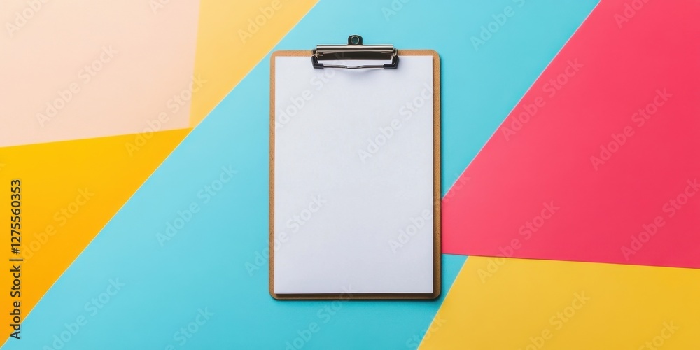Poster clipboard on colorful geometric backdrop in top down view with vibrant yellow, pink, and blue sectio