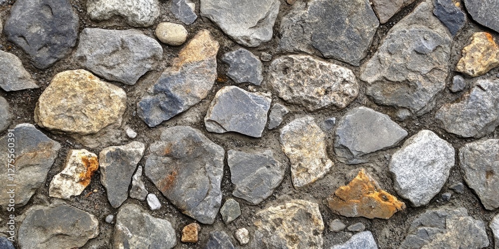 Poster close-up view of textured stone pavement showcasing various gray and brown stones scattered unevenly