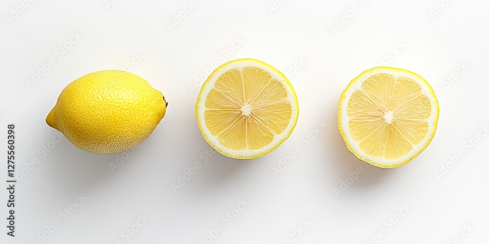 Aufkleber fresh lemon with one whole fruit and two halved lemons displayed symmetrically on a light background