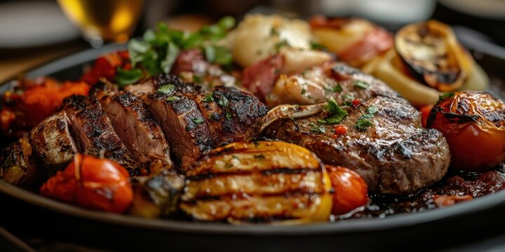 Grilled meat platter with assorted vegetables and fresh herbs on a black dish garnished with vibrant red tomatoes served in a warm ambiance