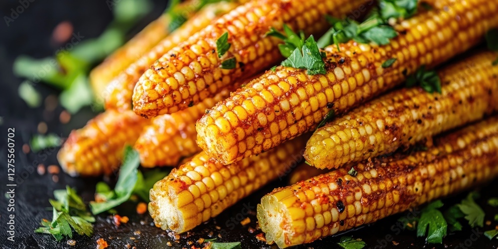 Poster freshly grilled corn on the cob arranged in a neat stack, adorned with vibrant green cilantro and sp
