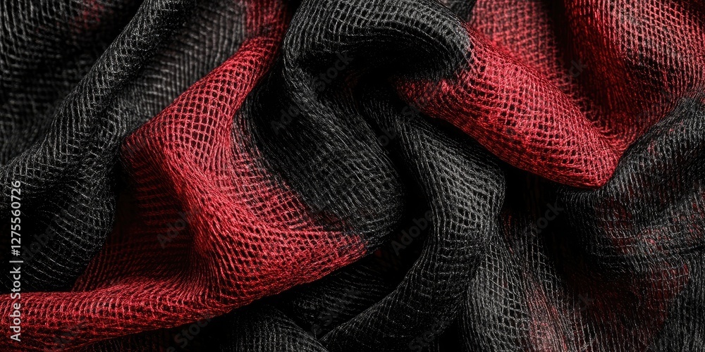 Poster textured black and red fabric draped naturally in soft folds with a vibrant weave set against a back