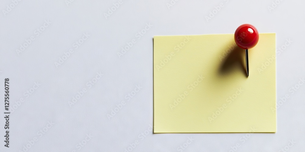 Poster close-up of a yellow sticky note with a red pushpin on top, positioned left on a white background, a