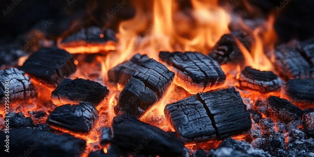 Poster glowing embers with orange flames prominently in the center surrounded by textured black charcoal pi