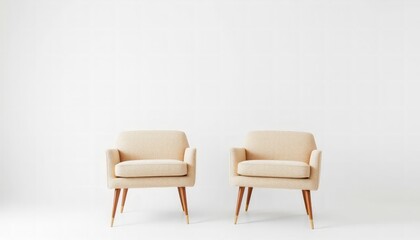 Two beige accent chairs sit against a white background, presenting a minimalist design that works well in modern living rooms or stylish office spaces.