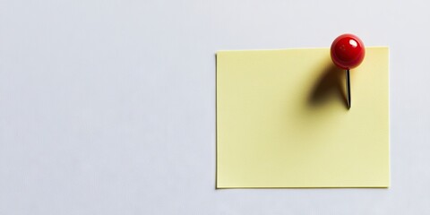 Close-up of a yellow sticky note with a red pushpin on top, positioned left on a white background, ample copy space to the right