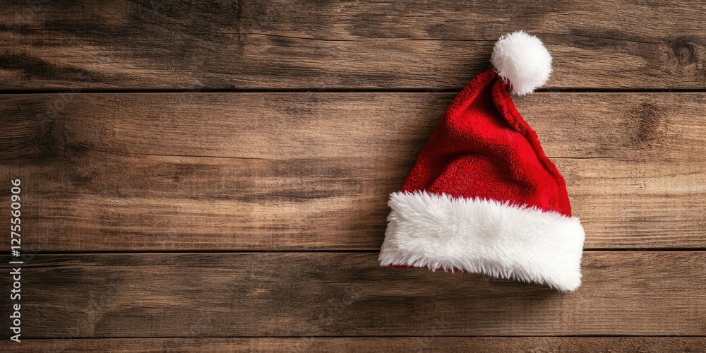 Poster Santa Claus hat in vibrant red and white positioned on rustic wooden background, featuring ample copy space on left side for text placement.