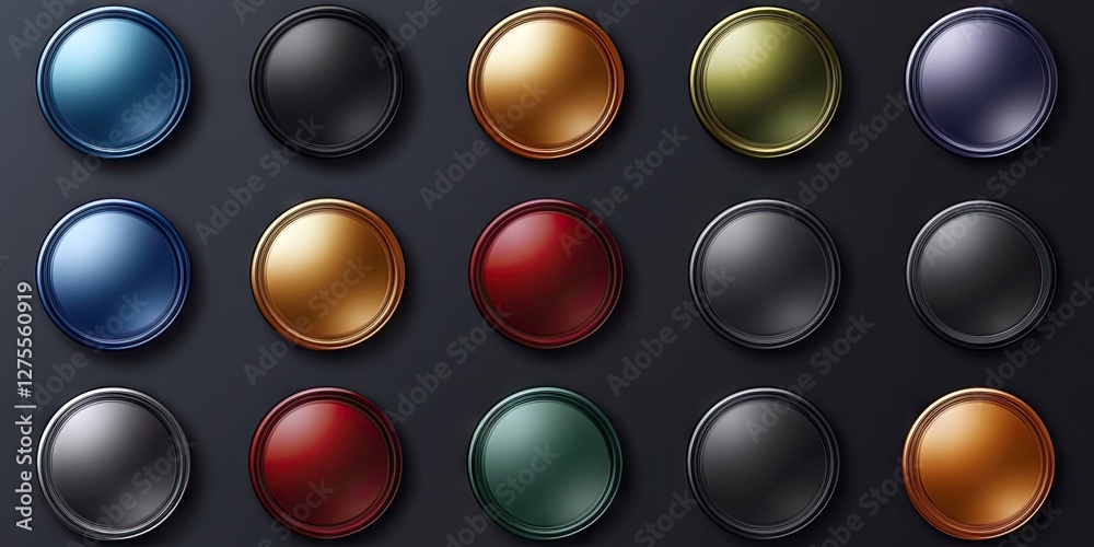 Poster circular glossy buttons in various colors including blue, black, bronze, and red arranged in a symme