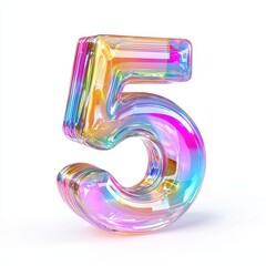 Number 5 made of transparent holographic glass with rainbow reflections isolated on a clean white background