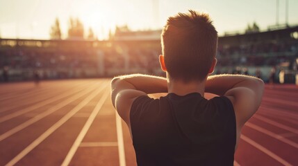 A college athlete performing a shoulder stretch on the sidelines during a track meet. Featuring focus and preparation