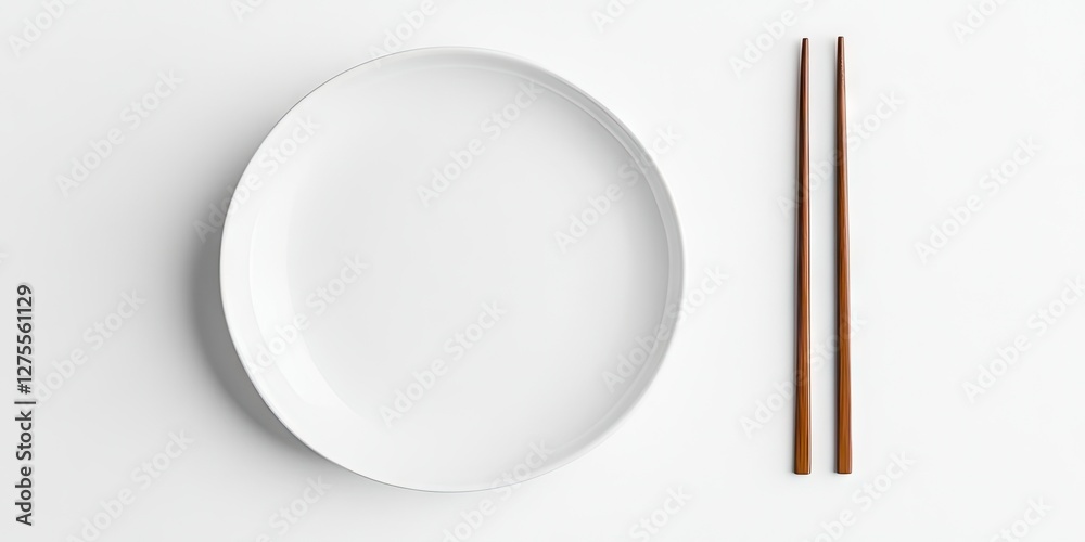 Aufkleber minimalist design featuring a plain white plate centered with two brown chopsticks placed to the rig