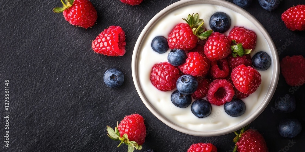 Aufkleber nutritious breakfast scene showcasing a bowl of greek yogurt topped with vibrant red raspberries and