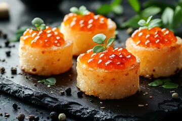 Gourmet Rice Bites with Red Caviar on Slate Plate