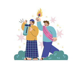 Naklejka premium Wake Up Call for Suhoor on Ramadan. Ramadan Activity Concept Ilustration.
